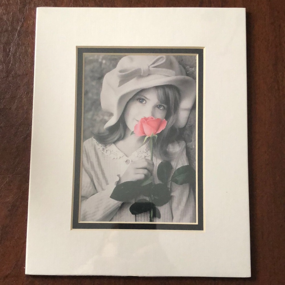 Adorable black & white matted print with a pop of pink and green in the rose!